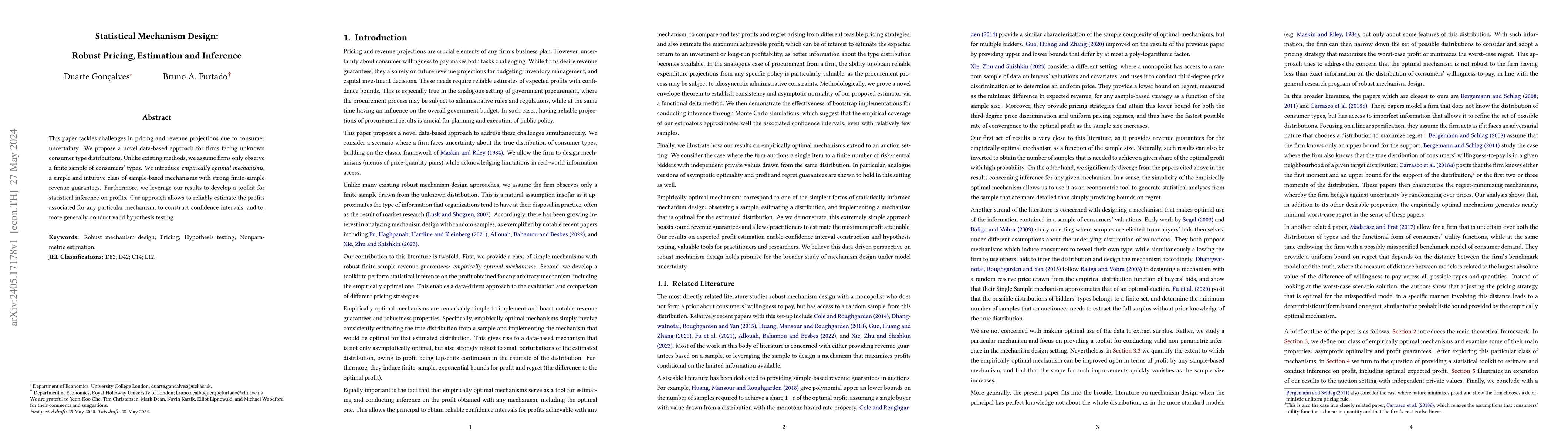 Thumbnail for Statistical Mechanism Design: Robust Pricing, Estimation, and Inference