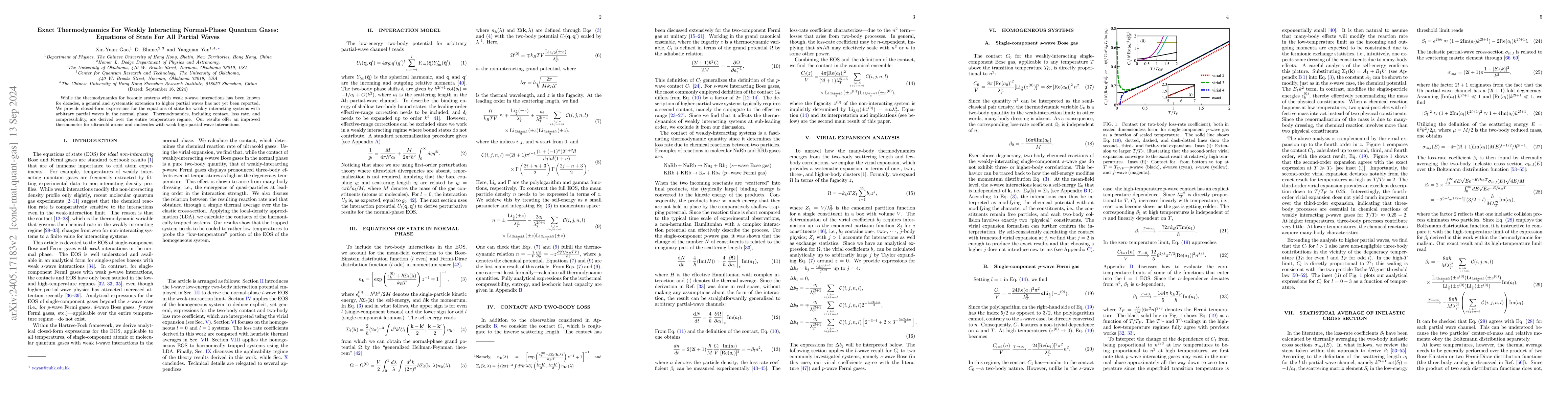 Thumbnail for Exact Thermodynamics For Weakly Interacting Normal-Phase Quantum Gases:
  Equations of State For All Partial Waves