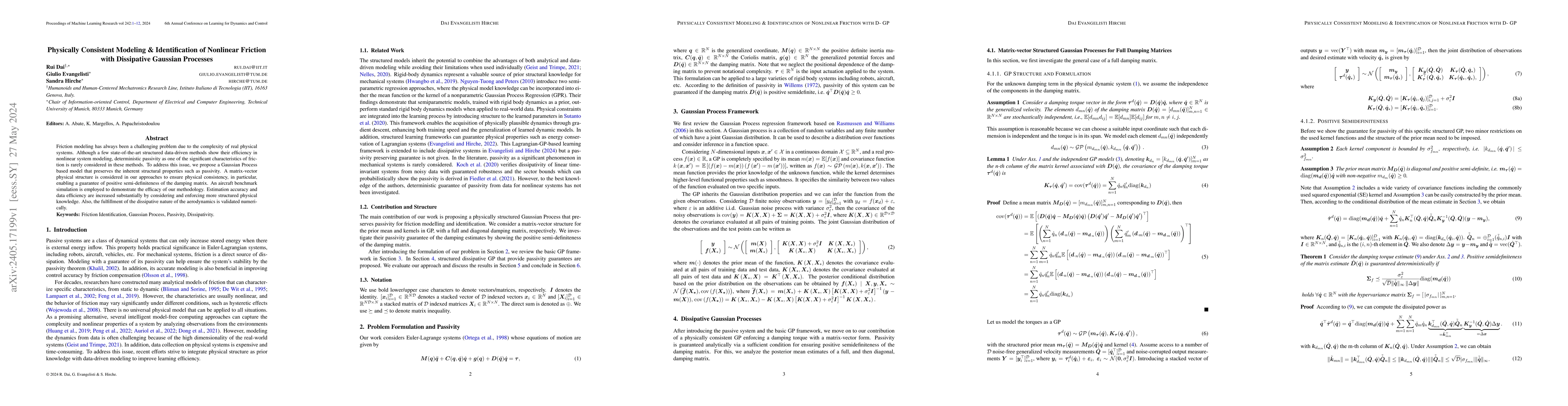 Thumbnail for Physically Consistent Modeling & Identification of Nonlinear Friction
  with Dissipative Gaussian Processes