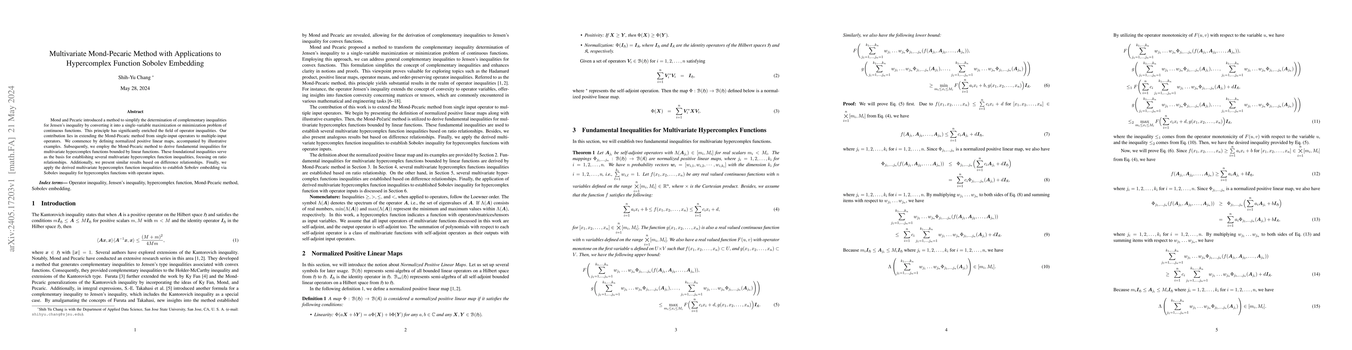 Thumbnail for Multivariate Mond-Pecaric Method with Applications to Hypercomplex
  Function Sobolev Embedding