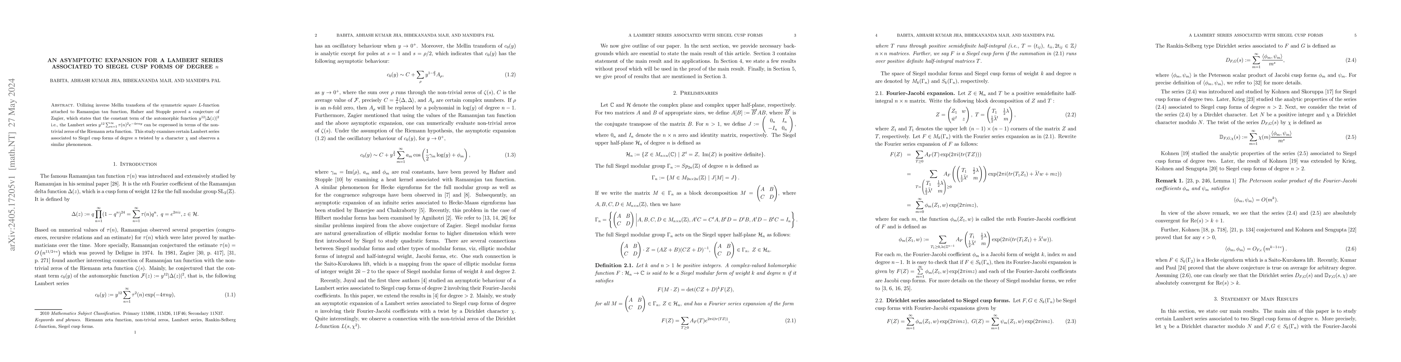 Thumbnail for An asymptotic expansion for a Lambert series associated to Siegel cusp
  forms of degree $n$