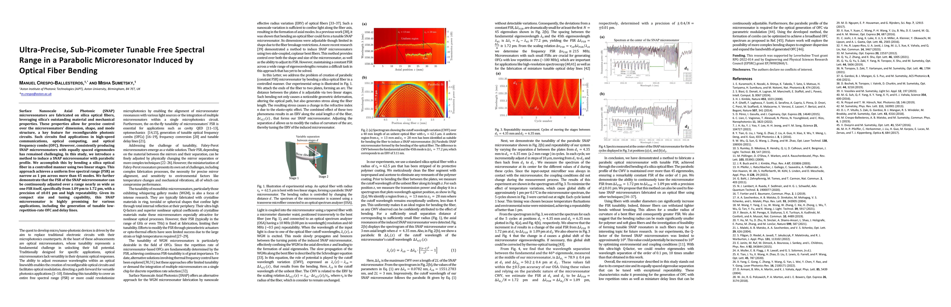 Thumbnail for Ultra-precise, sub-picometer tunable free spectral range in a parabolic
  microresonator induced by optical fiber bending