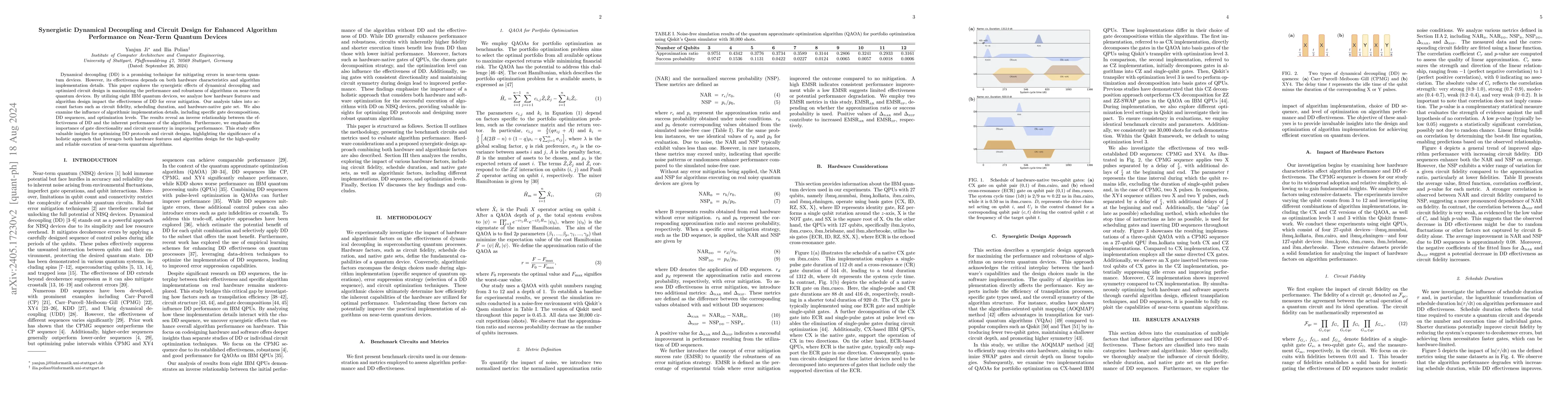 Thumbnail for Synergistic Dynamical Decoupling and Circuit Design for Enhanced
  Algorithm Performance on Near-Term Quantum Devices