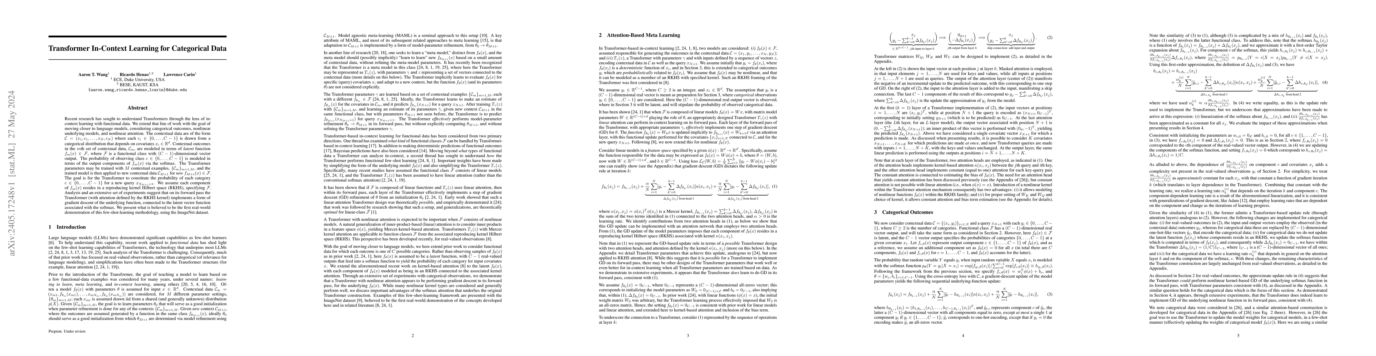 Thumbnail for Transformer In-Context Learning for Categorical Data