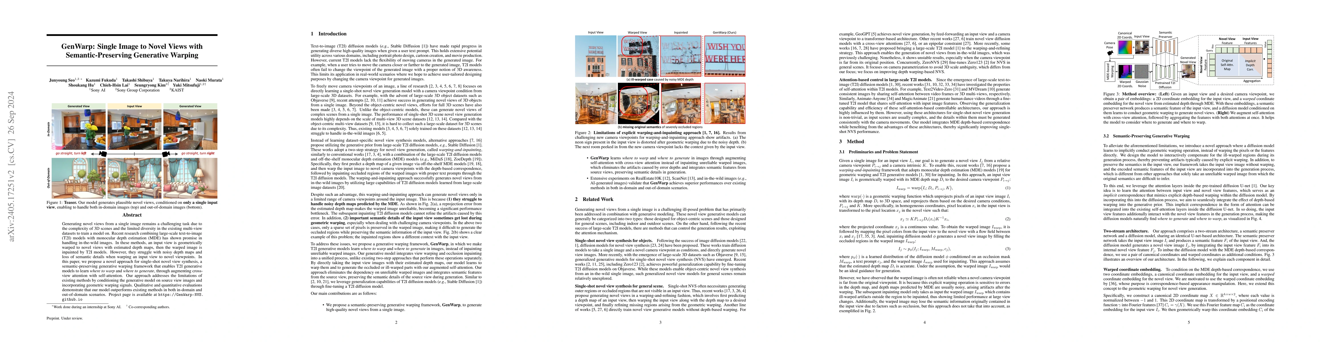 Thumbnail for GenWarp: Single Image to Novel Views with Semantic-Preserving Generative
  Warping