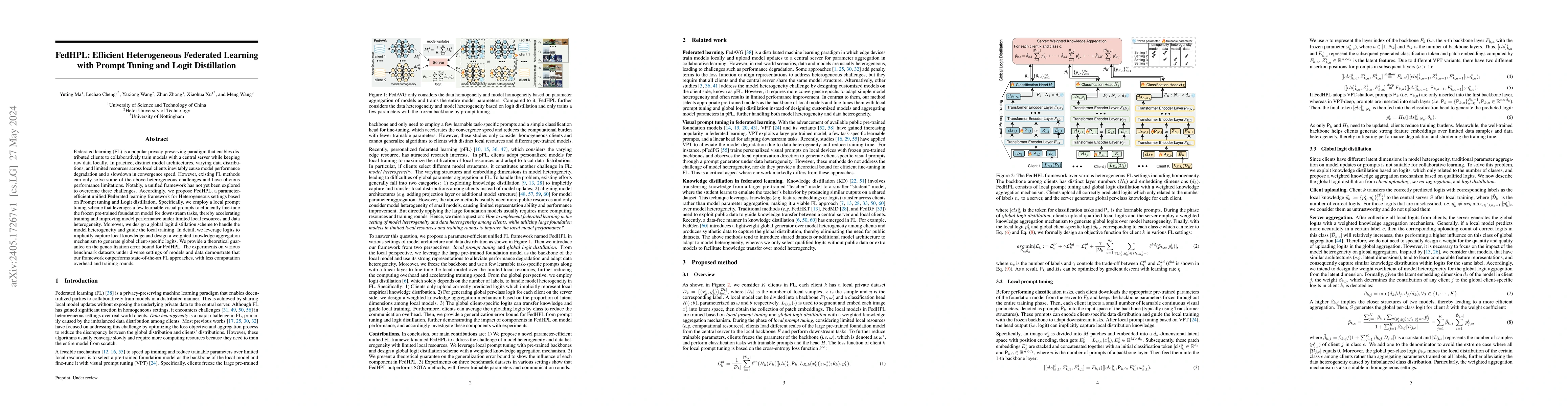 Thumbnail for FedHPL: Efficient Heterogeneous Federated Learning with Prompt Tuning
  and Logit Distillation