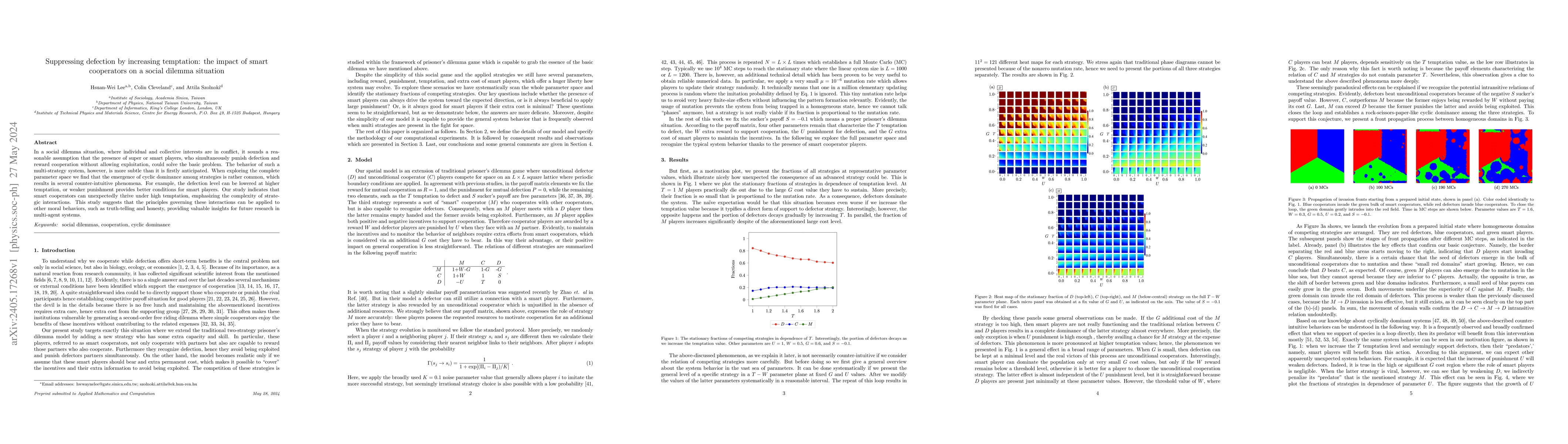 Thumbnail for Suppressing defection by increasing temptation: the impact of smart
  cooperators on a social dilemma situation
