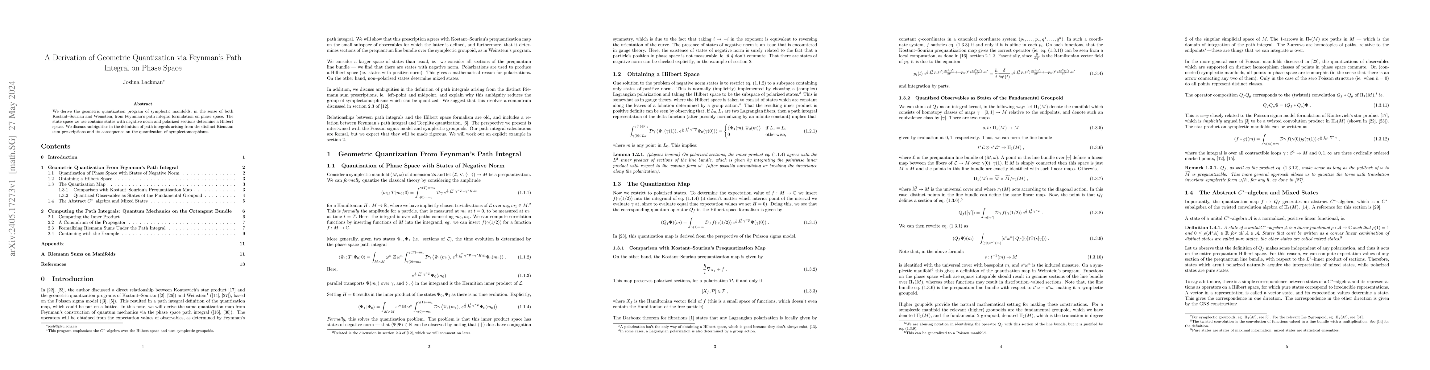 Thumbnail for A Derivation of Geometric Quantization via Feynman's Path Integral on
  Phase Space