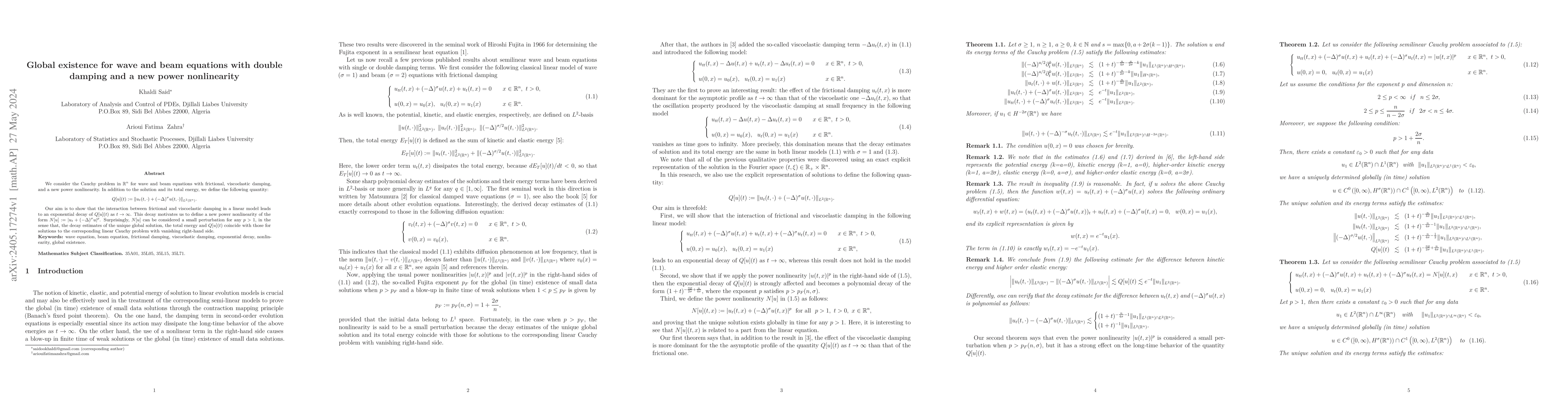 Thumbnail for Global existence for wave and beam equations with double damping and a
  new power nonlinearity