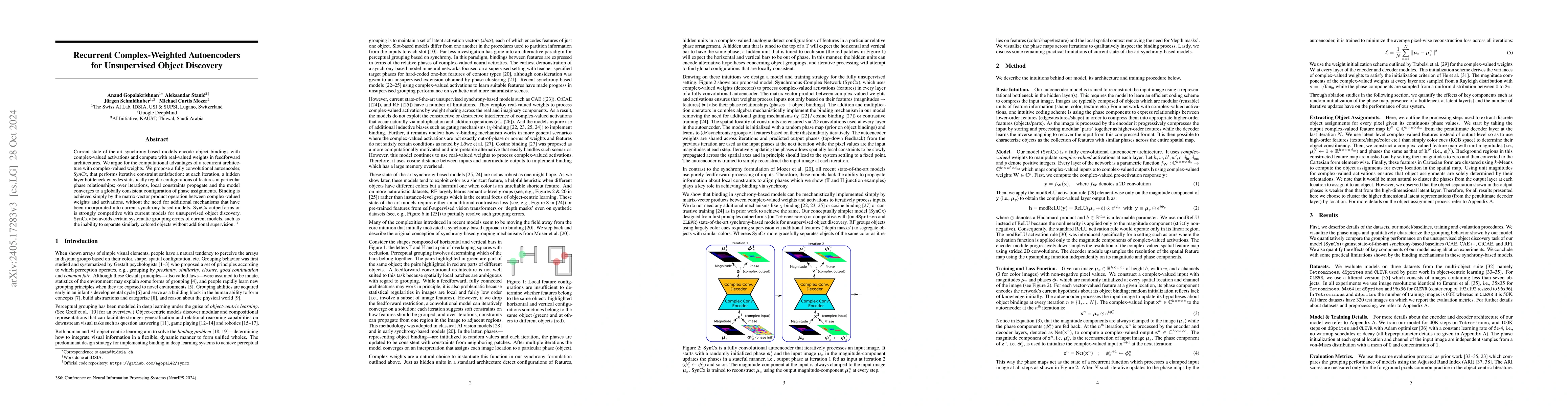Thumbnail for Recurrent Complex-Weighted Autoencoders for Unsupervised Object
  Discovery