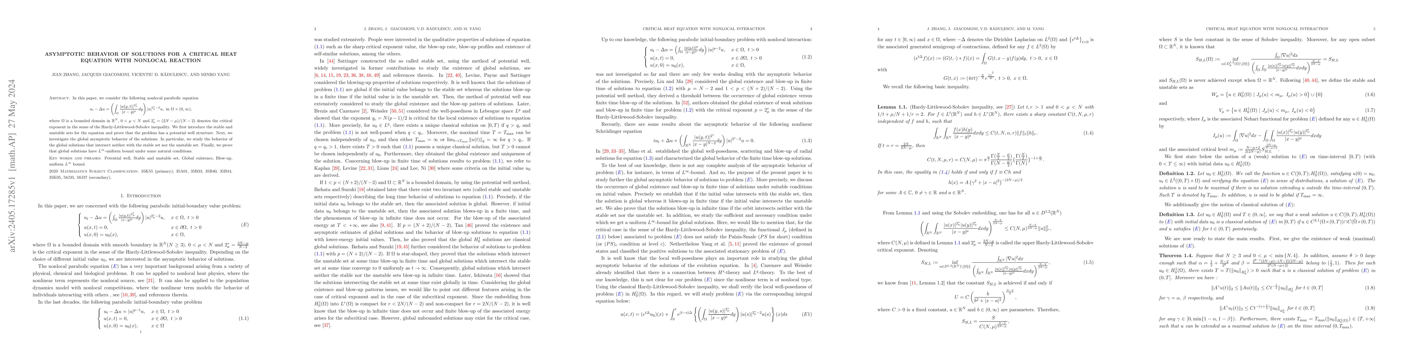 Thumbnail for Asymptotic behavior of solutions for a critical heat equation with
  nonlocal reaction