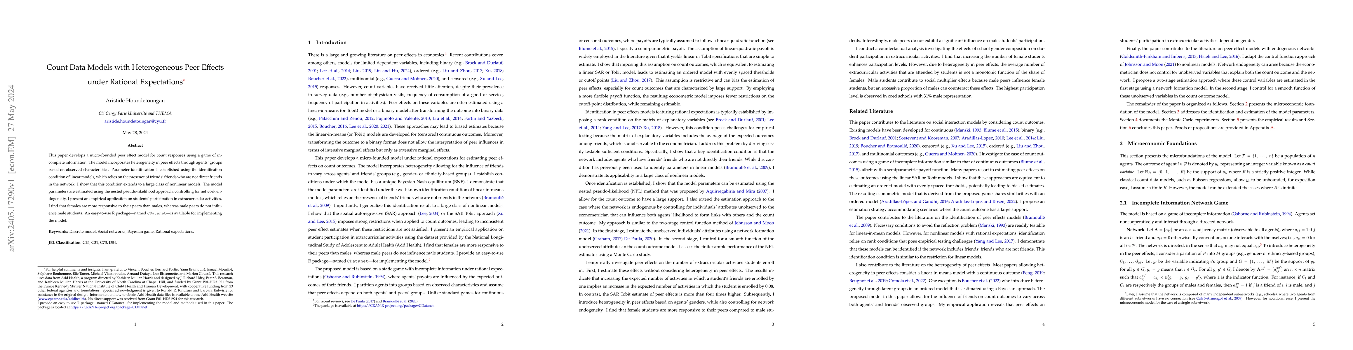 Thumbnail for Count Data Models with Heterogeneous Peer Effects under Rational
  Expectations