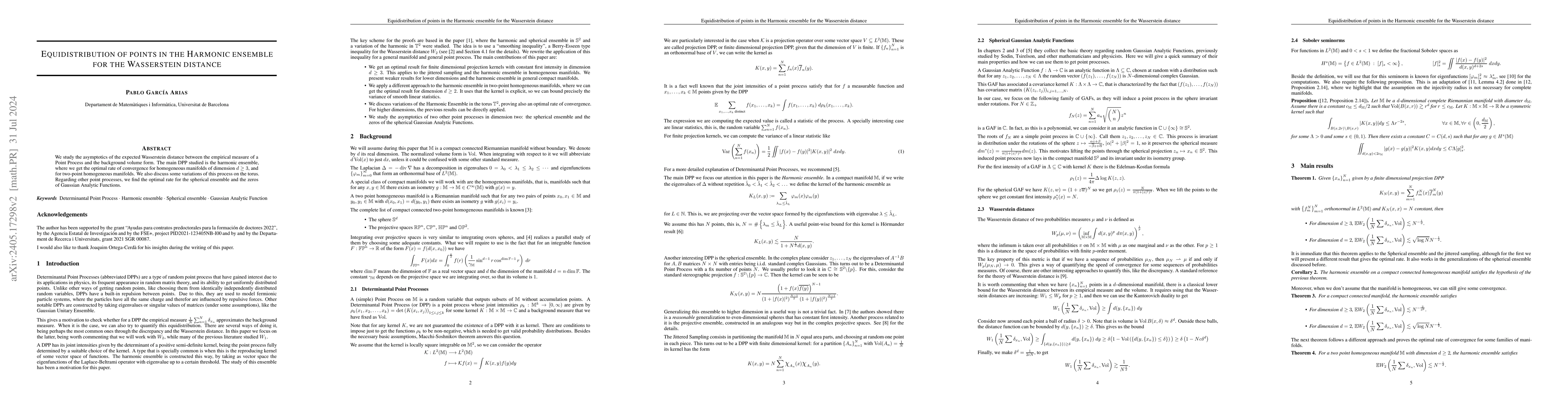 Thumbnail for Equidistribution of points in the Harmonic ensemble for the Wasserstein
  distance