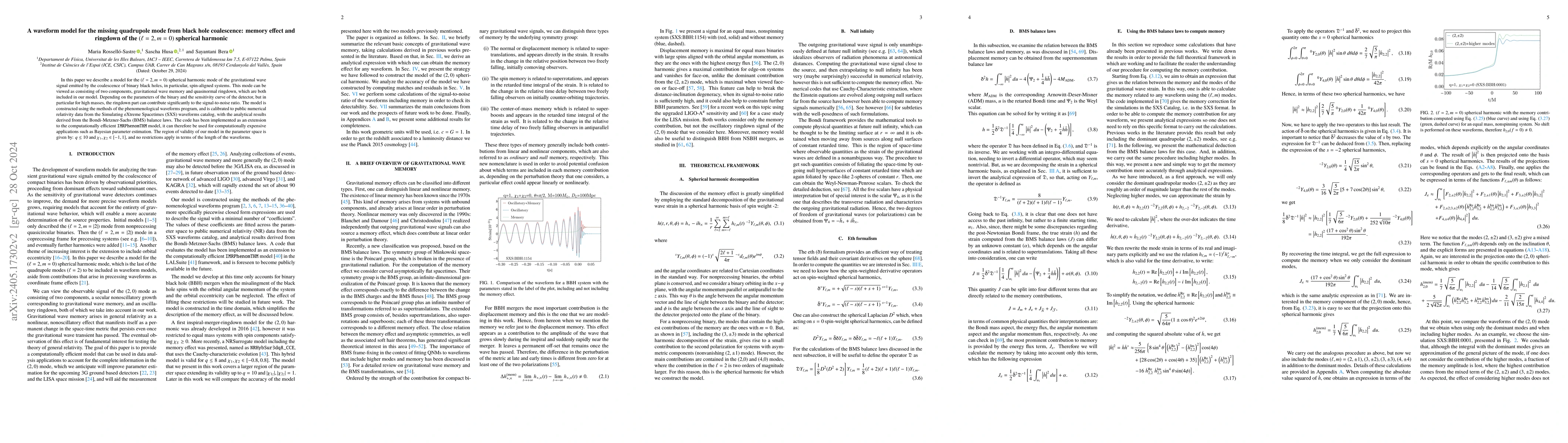 Thumbnail for A waveform model for the missing quadrupole mode from black hole
  coalescence: memory effect and ringdown of the $(\ell=2,m=0)$ spherical
  harmonic