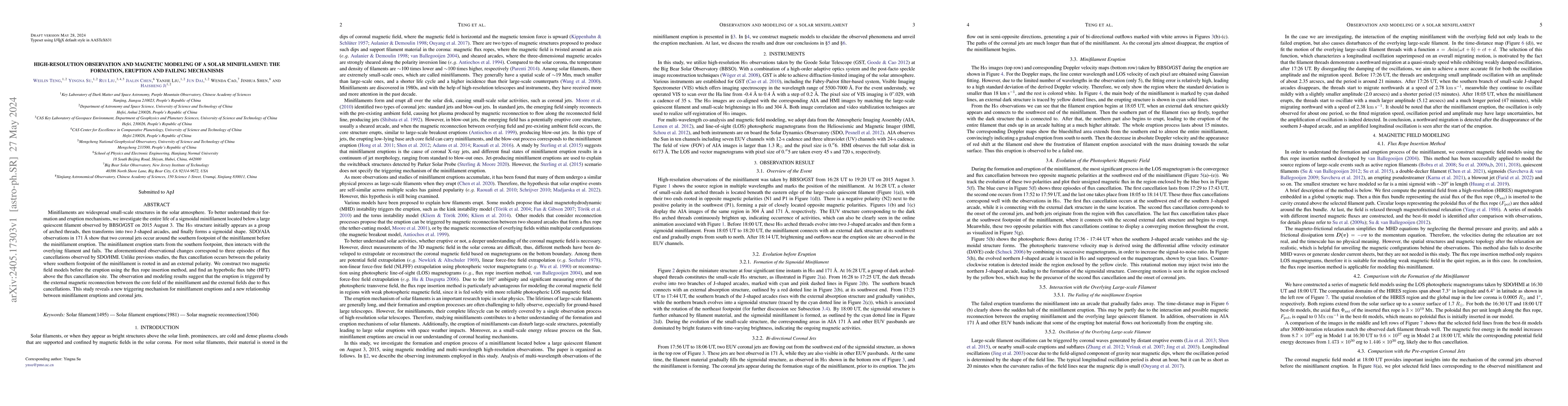 Thumbnail for High-Resolution Observation and Magnetic Modeling of a Solar
  Minifilament: the Formation, Eruption and Failing Mechanisms