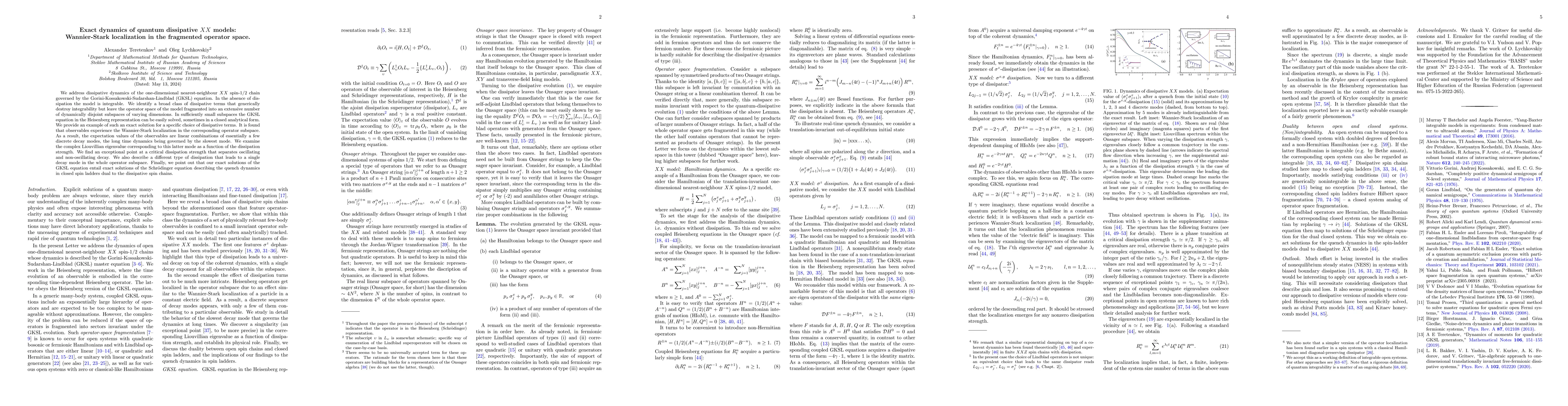 Thumbnail for Exact dynamics of quantum dissipative $XX$ models: Wannier-Stark
  localization in the fragmented operator space