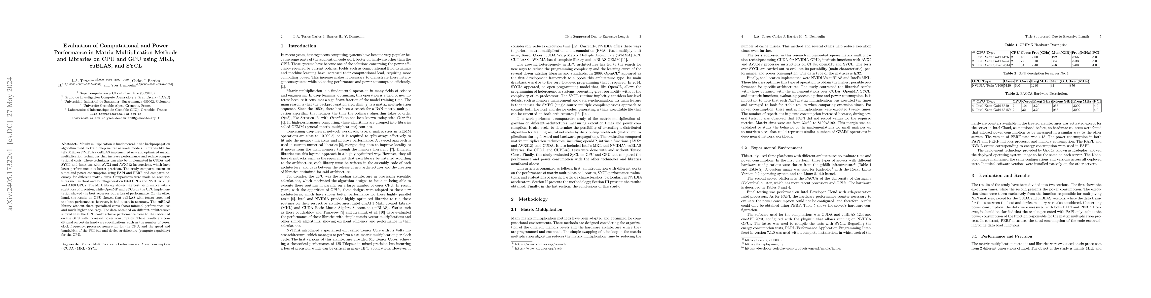 Thumbnail for Evaluation of computational and energy performance in matrix
  multiplication algorithms on CPU and GPU using MKL, cuBLAS and SYCL