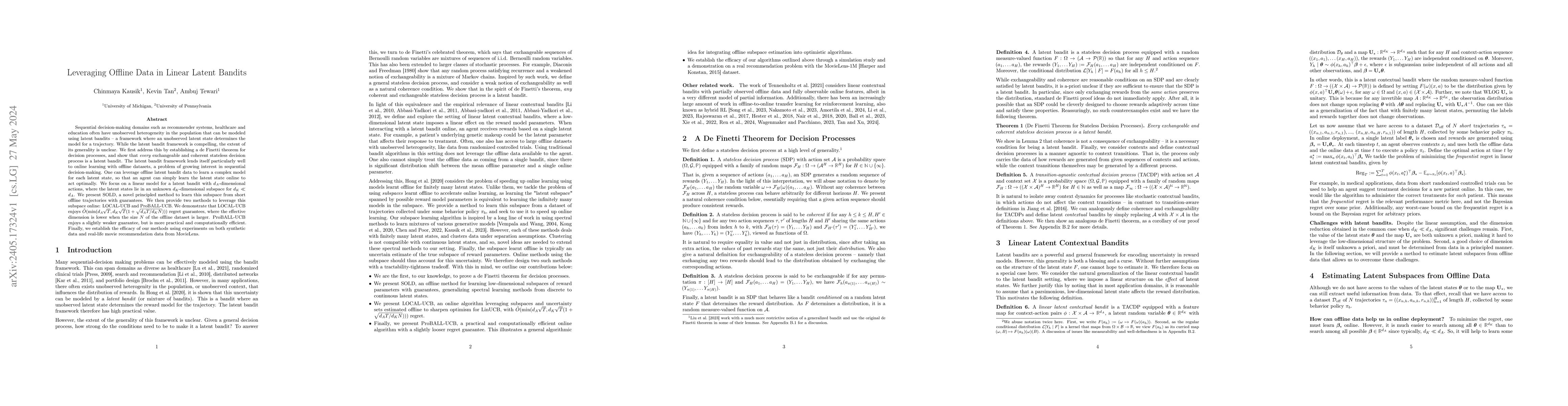Thumbnail for Leveraging Offline Data in Linear Latent Bandits