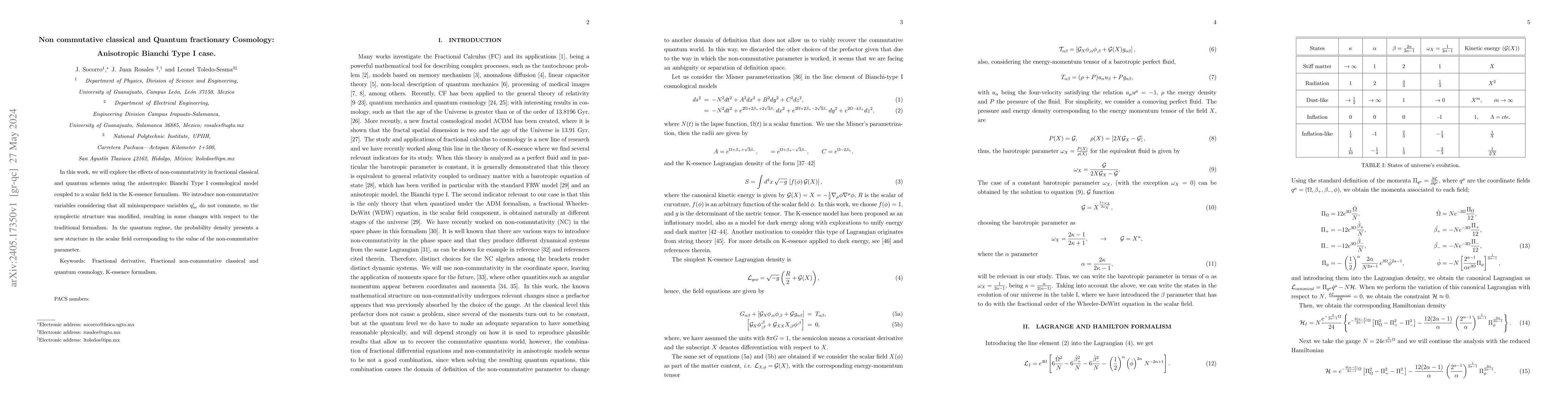 Thumbnail for Non commutative classical and Quantum fractionary Cosmology: Anisotropic
  Bianchi Type I case