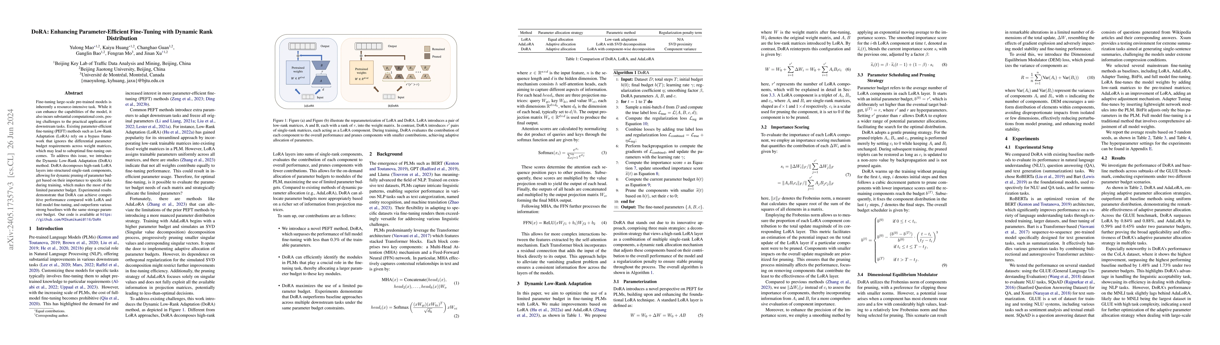 Thumbnail for DoRA: Enhancing Parameter-Efficient Fine-Tuning with Dynamic Rank
  Distribution