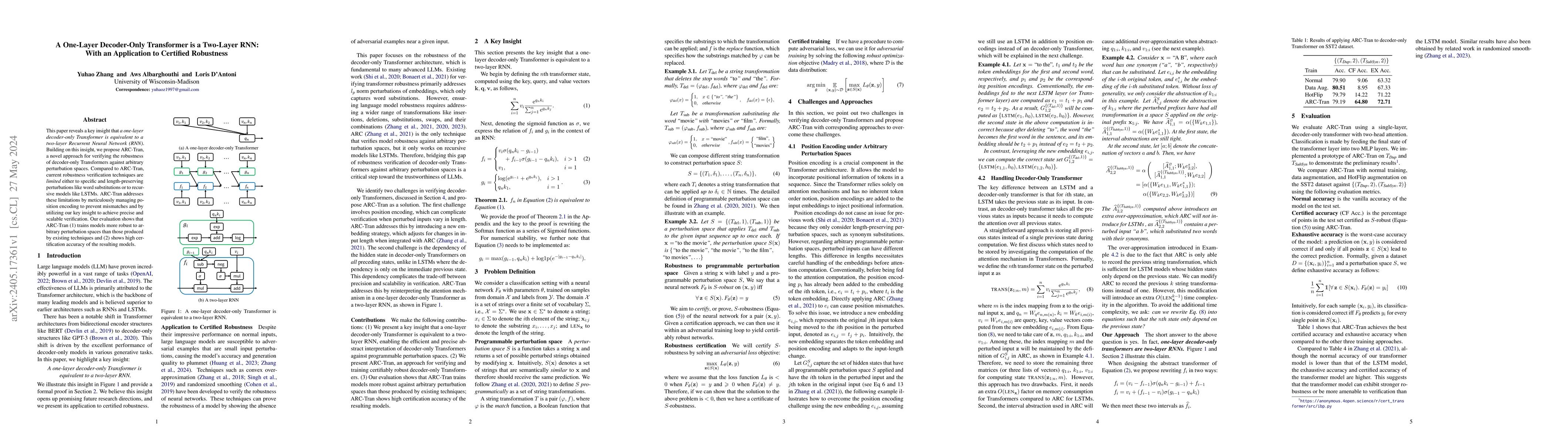 Thumbnail for A One-Layer Decoder-Only Transformer is a Two-Layer RNN: With an
  Application to Certified Robustness