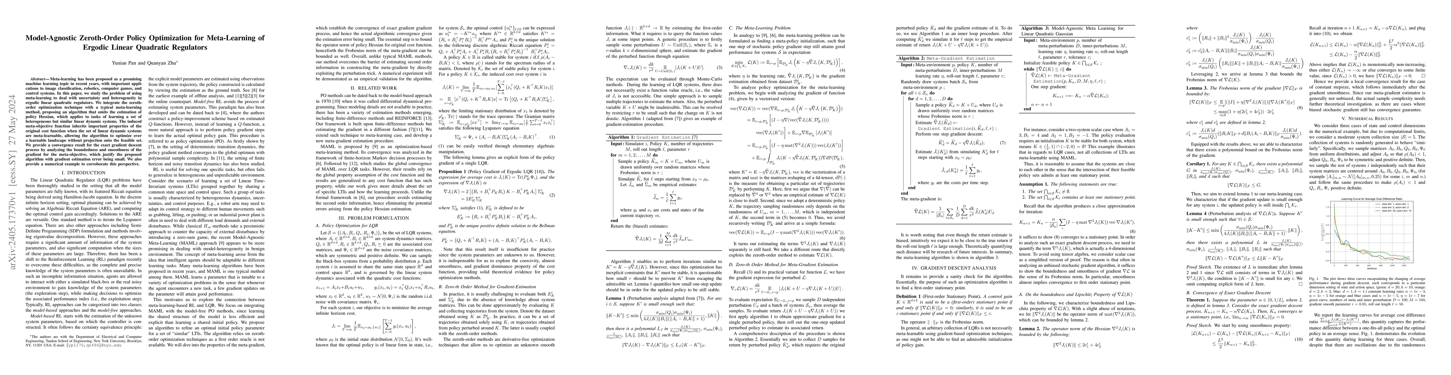 Thumbnail for Model-Agnostic Zeroth-Order Policy Optimization for Meta-Learning of
  Ergodic Linear Quadratic Regulators