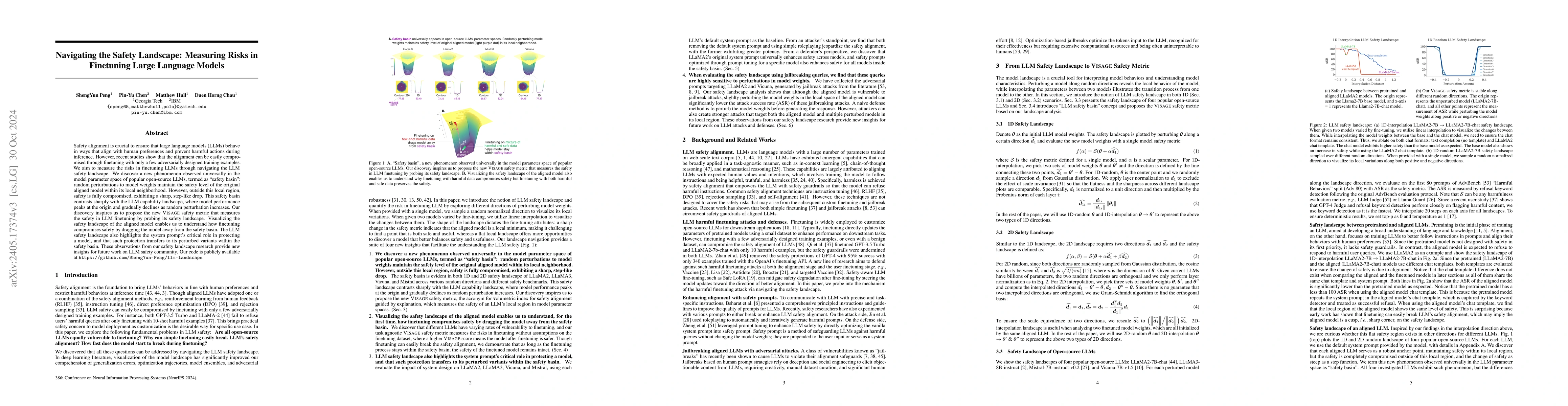 Thumbnail for Navigating the Safety Landscape: Measuring Risks in Finetuning Large
  Language Models