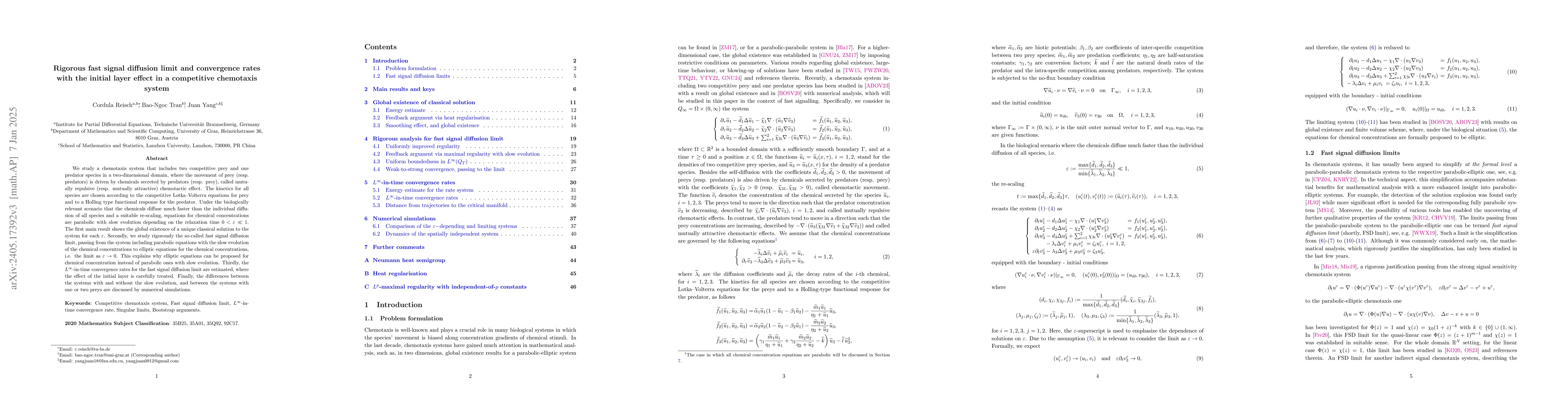 Thumbnail for Global existence, fast signal diffusion limit, and $L^\infty$-in-time
  convergence rates in a competitive chemotaxis system