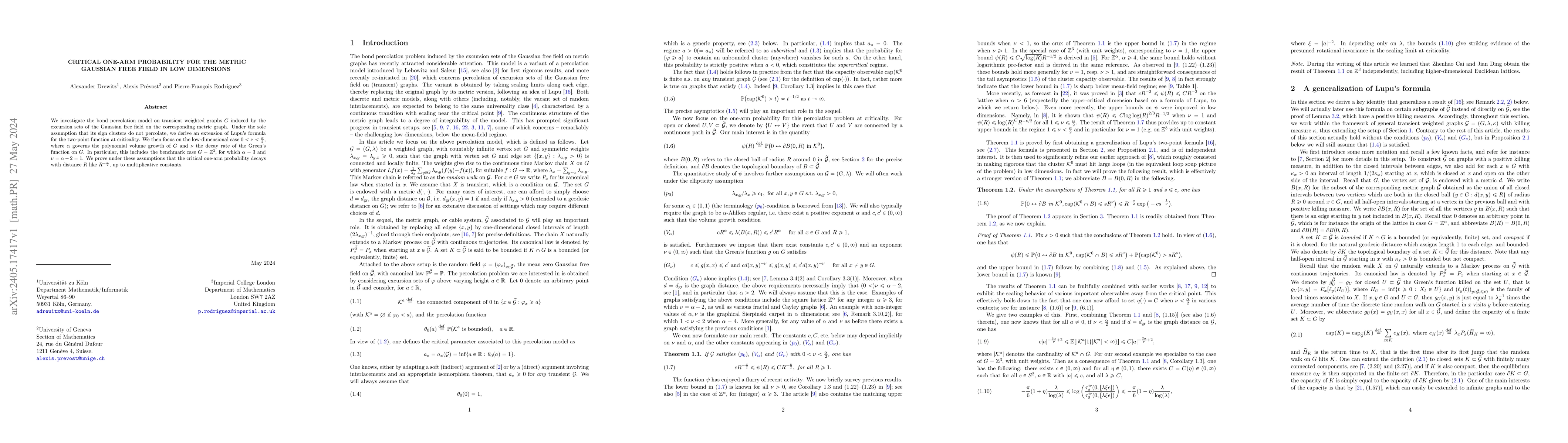 Thumbnail for Critical one-arm probability for the metric Gaussian free field in low
  dimensions