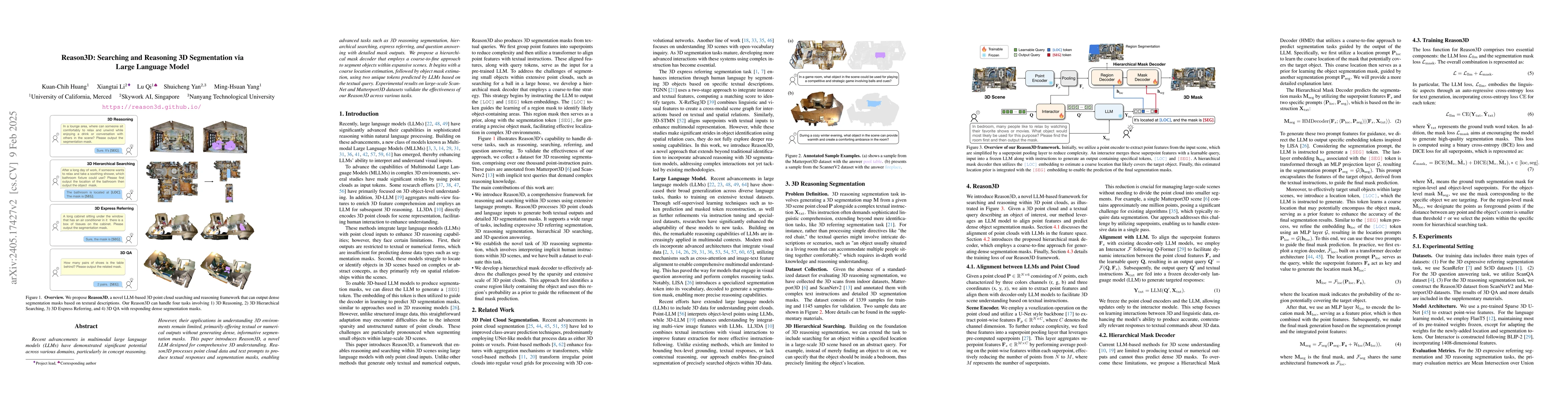 Thumbnail for Reason3D: Searching and Reasoning 3D Segmentation via Large Language
  Model