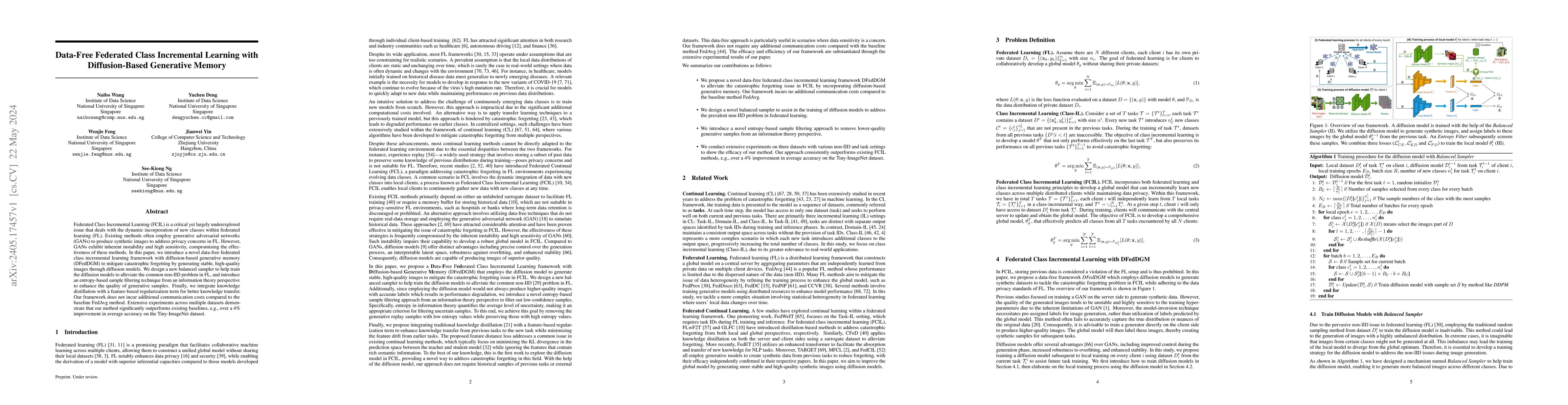 Thumbnail for Data-Free Federated Class Incremental Learning with Diffusion-Based
  Generative Memory