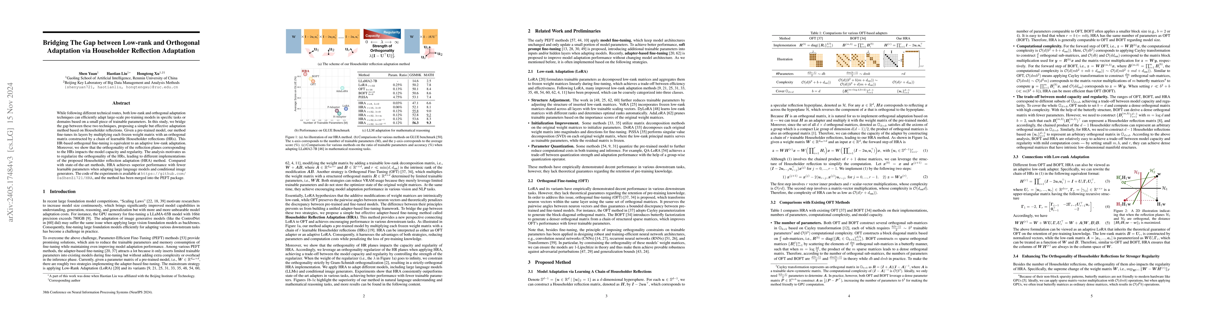 Thumbnail for Bridging The Gap between Low-rank and Orthogonal Adaptation via
  Householder Reflection Adaptation