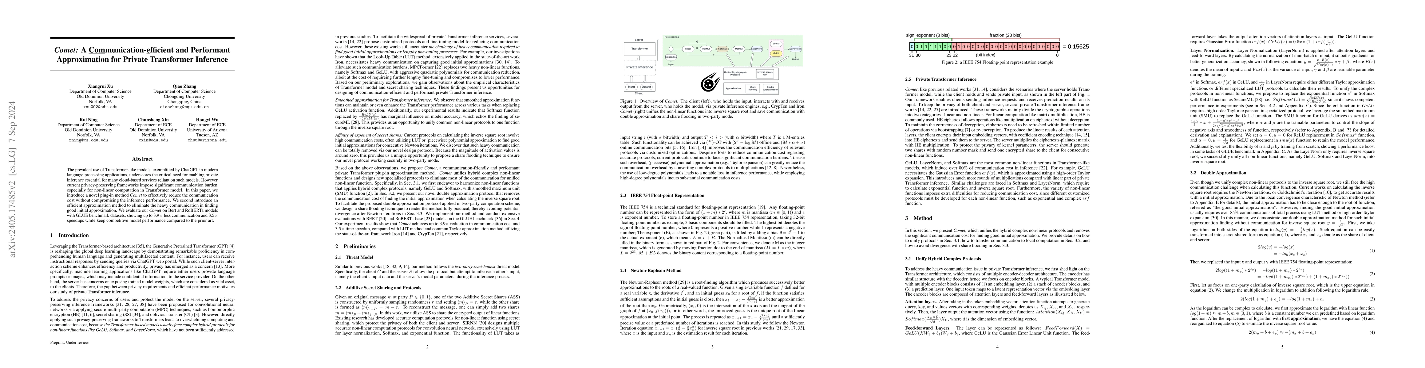 Thumbnail for $\textit{Comet:}$ A $\underline{Com}$munication-$\underline{e}$fficient
  and Performant Approxima$\underline{t}$ion for Private Transformer Inference