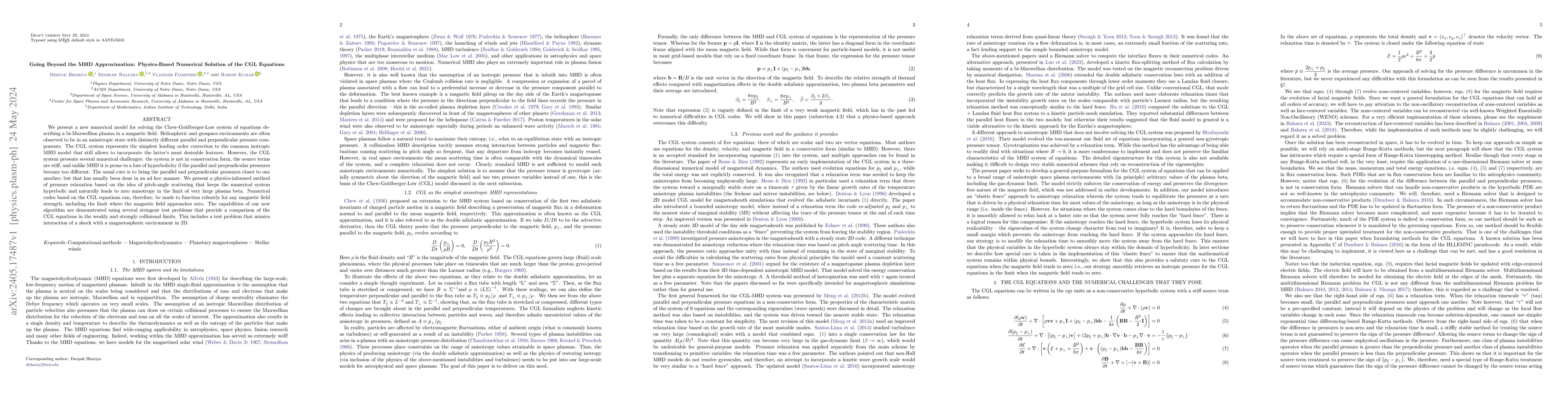 Thumbnail for Going Beyond the MHD Approximation: Physics-Based Numerical Solution of
  the CGL Equations