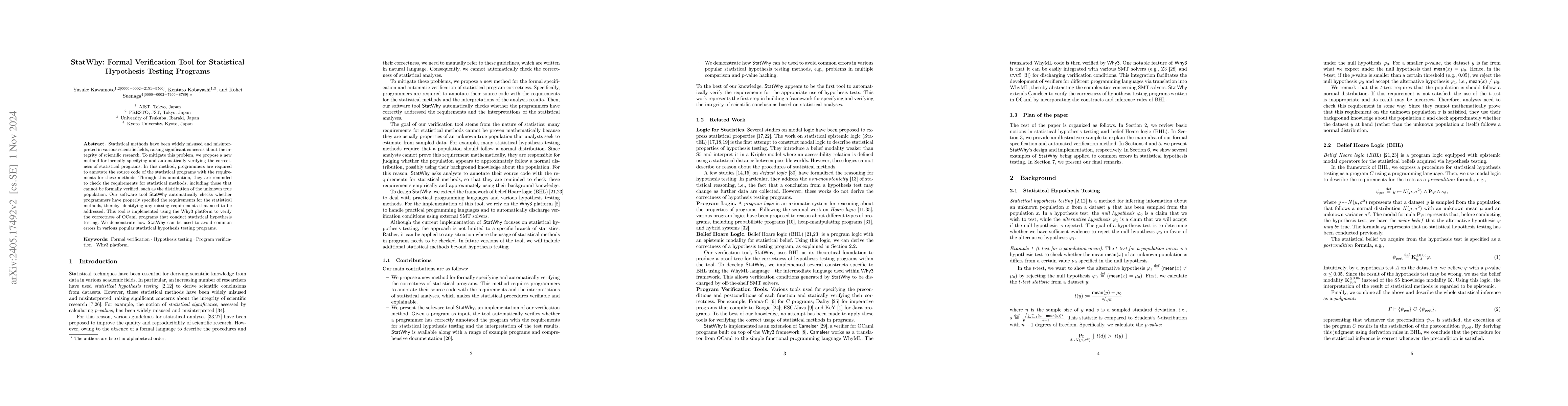 Thumbnail for StatWhy: Formal Verification Tool for Statistical Hypothesis Testing
  Programs