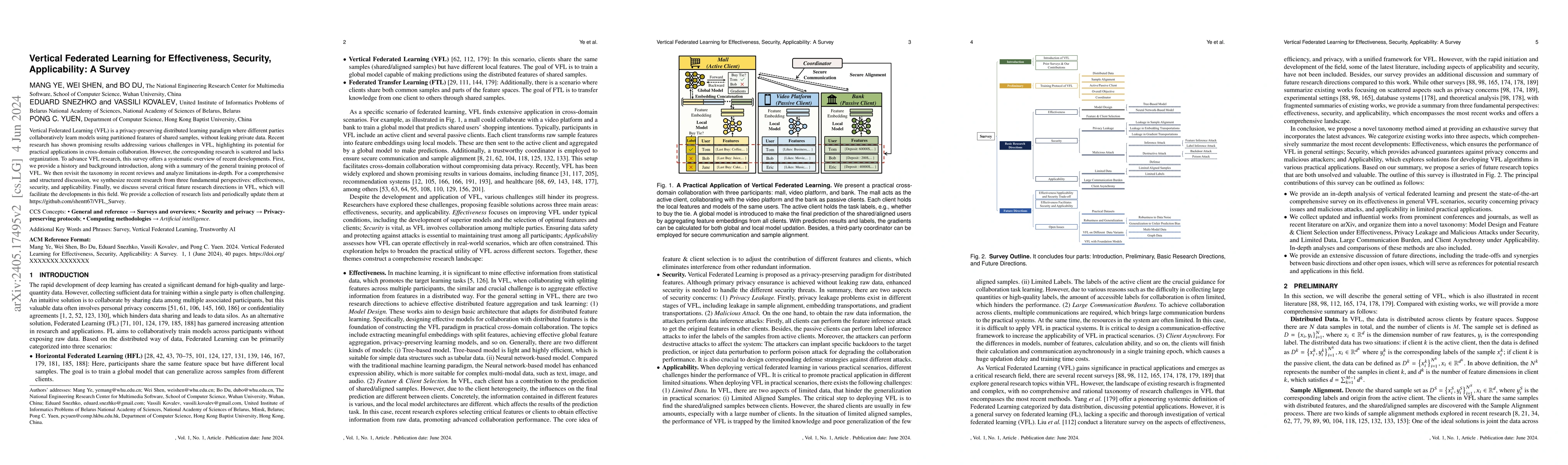 Thumbnail for Vertical Federated Learning for Effectiveness, Security, Applicability:
  A Survey