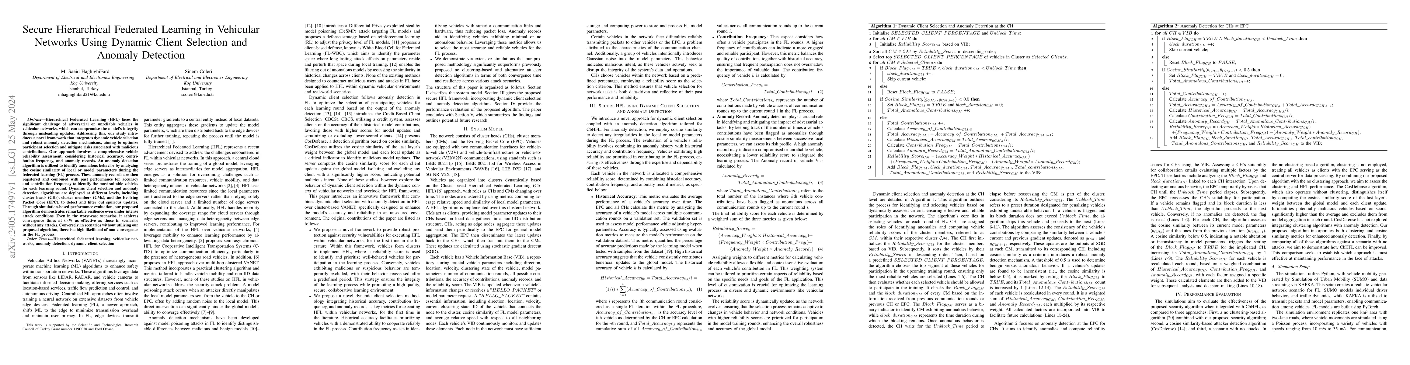 Thumbnail for Secure Hierarchical Federated Learning in Vehicular Networks Using
  Dynamic Client Selection and Anomaly Detection