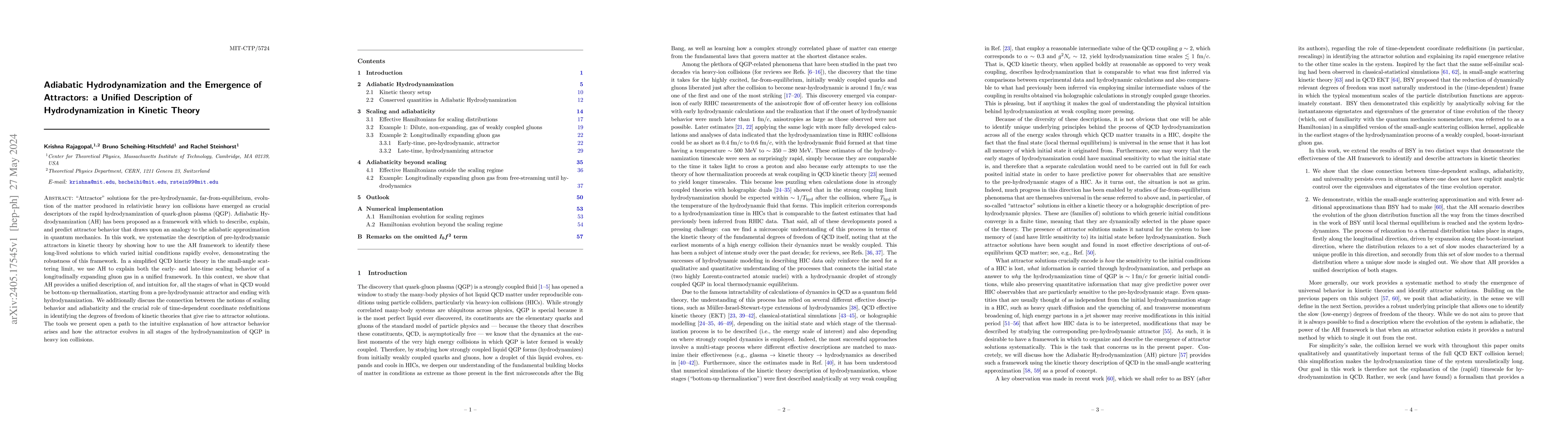 Thumbnail for Adiabatic Hydrodynamization and the Emergence of Attractors: a Unified
  Description of Hydrodynamization in Kinetic Theory