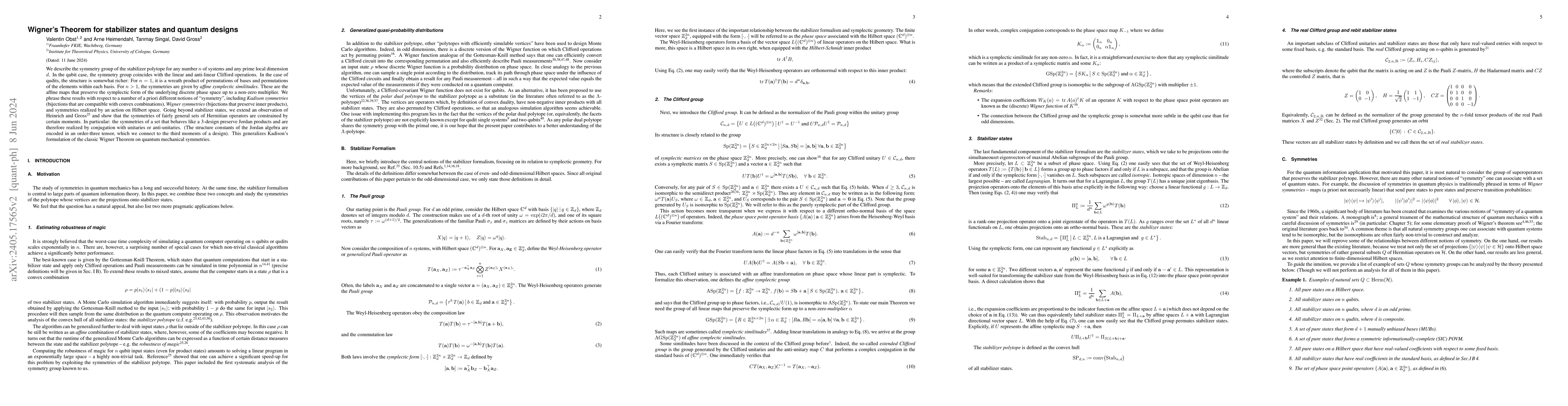 Thumbnail for Wigner's Theorem for stabilizer states and quantum designs