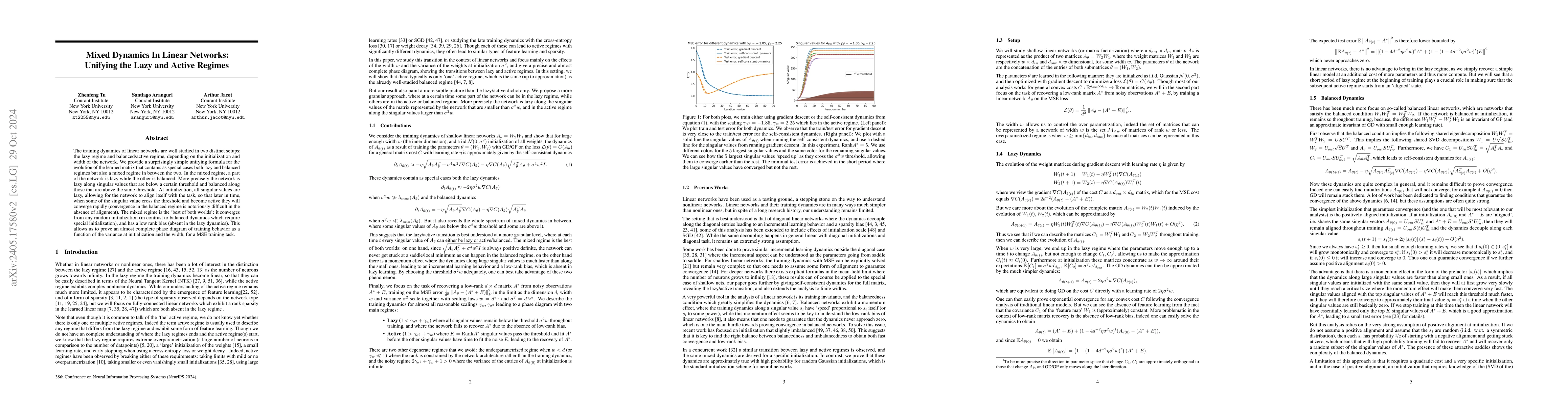 Thumbnail for Mixed Dynamics In Linear Networks: Unifying the Lazy and Active Regimes