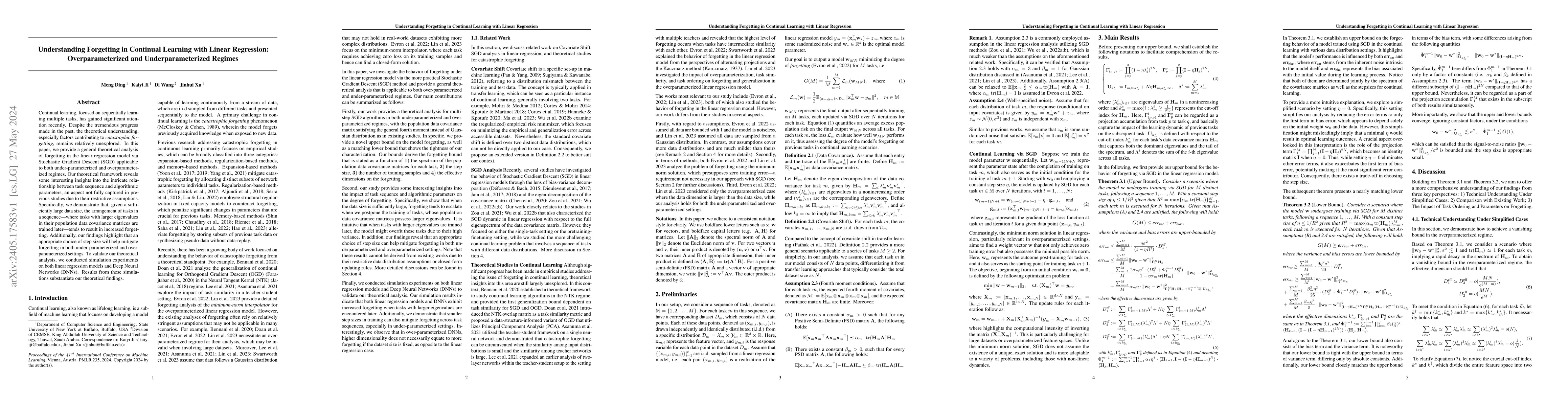 Thumbnail for Understanding Forgetting in Continual Learning with Linear Regression