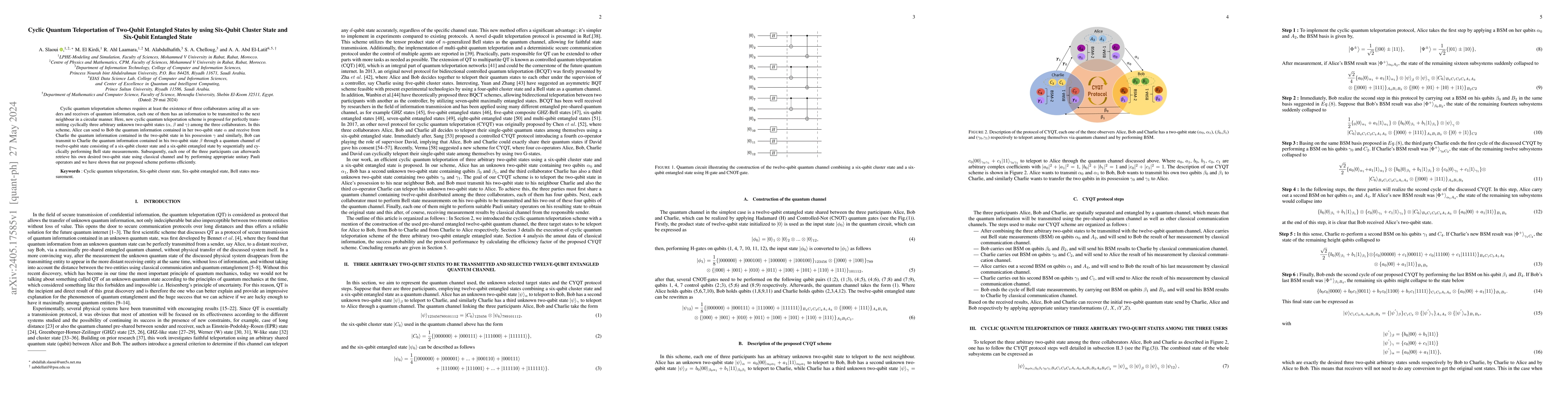 Thumbnail for Cyclic Quantum Teleportation of Two-Qubit Entangled States by using
  Six-Qubit Cluster State and Six-Qubit Entangled State