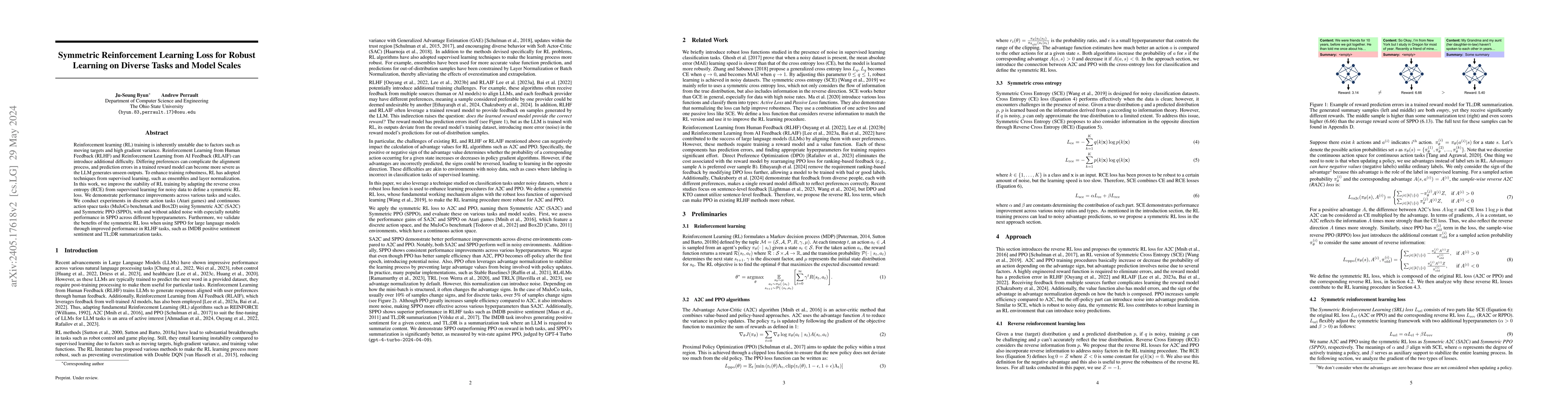 Thumbnail for Symmetric Reinforcement Learning Loss for Robust Learning on Diverse
  Tasks and Model Scales