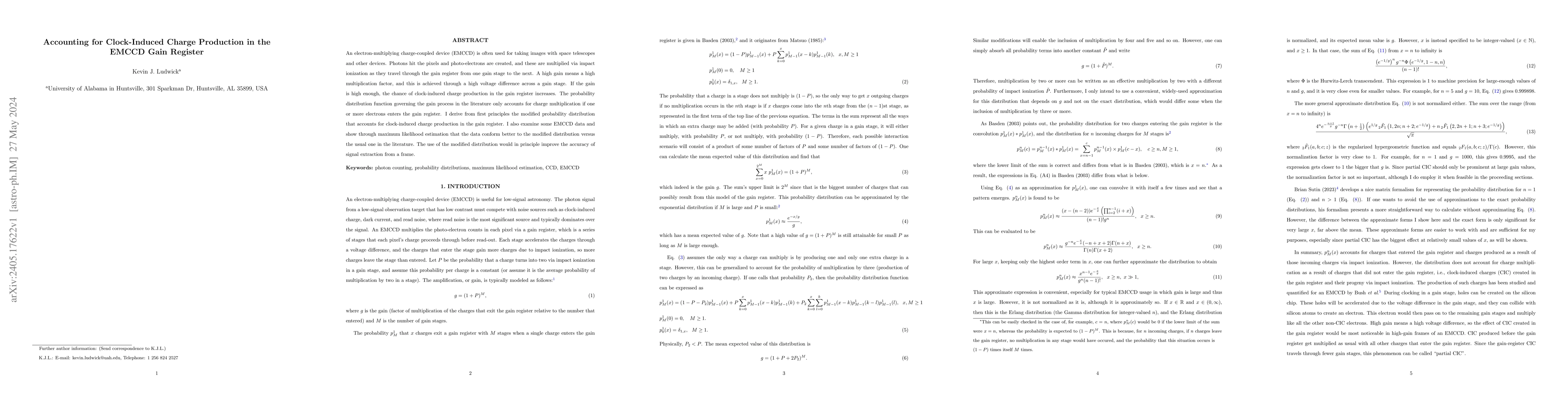 Thumbnail for Accounting for Clock-Induced Charge Production in the EMCCD Gain
  Register