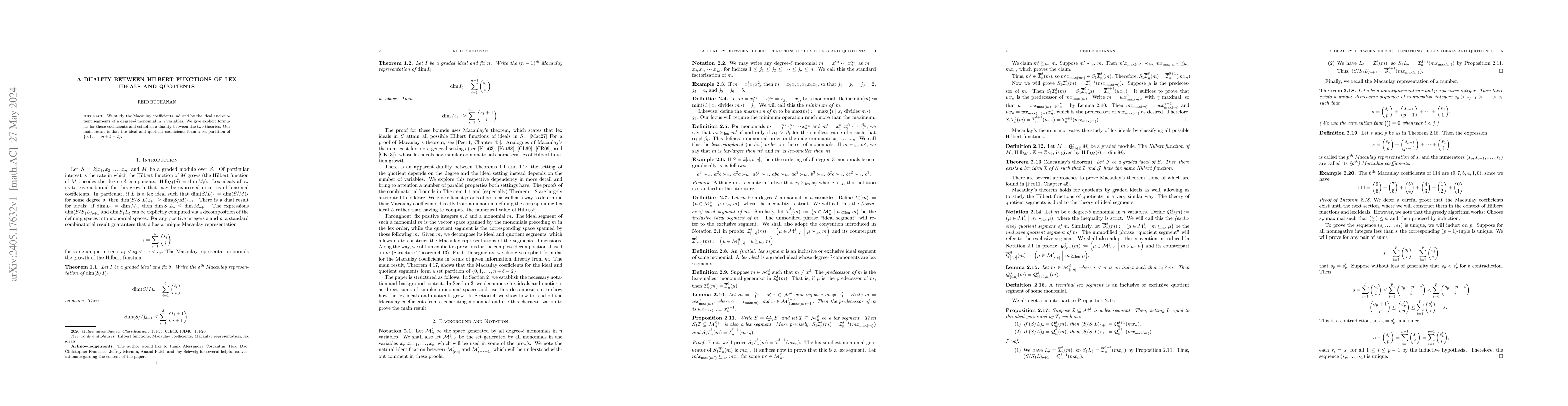 Thumbnail for A Duality between Hilbert Functions of Lex Ideals and Quotients