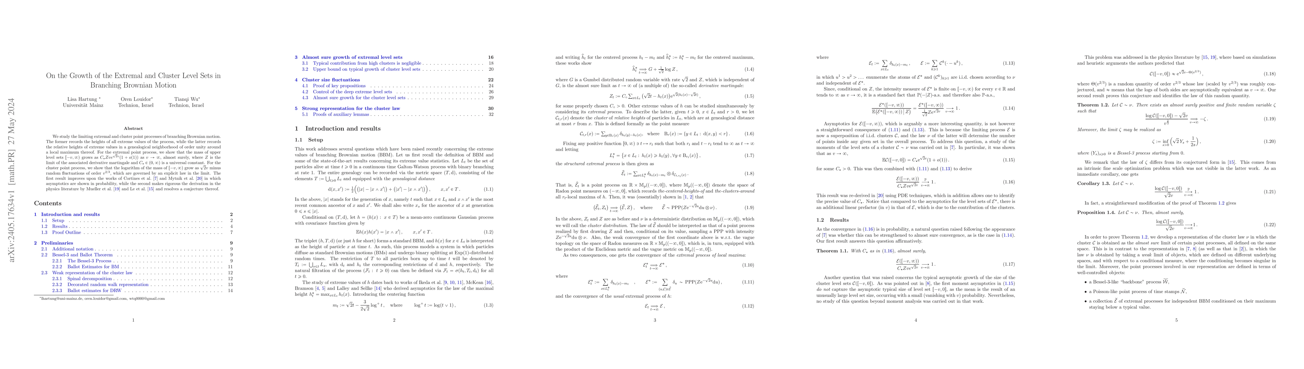 Thumbnail for On the Growth of the Extremal and Cluster Level Sets in Branching
  Brownian Motion