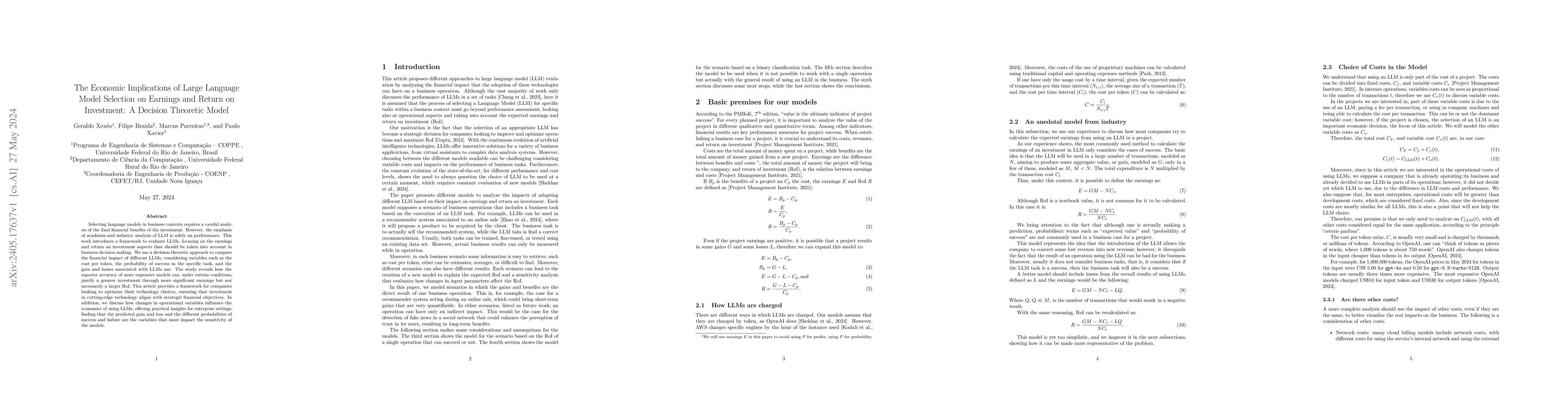 Thumbnail for The Economic Implications of Large Language Model Selection on Earnings
  and Return on Investment: A Decision Theoretic Model
