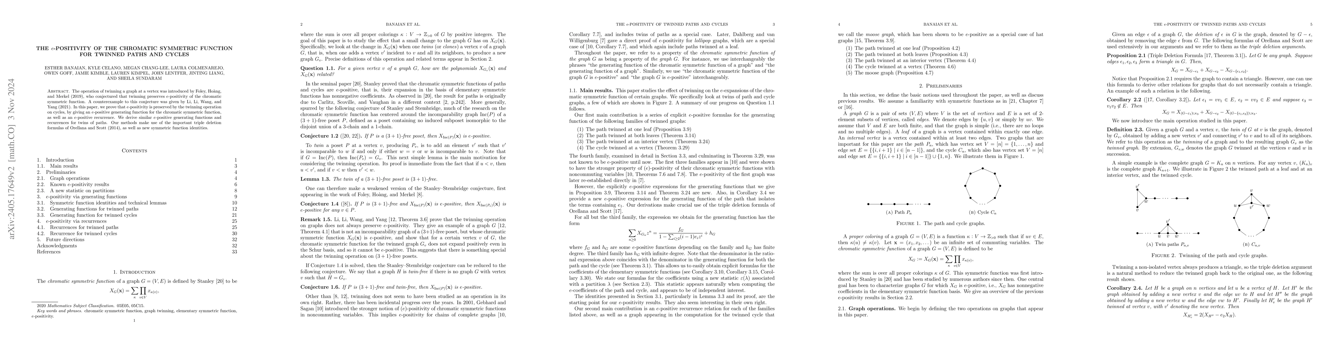Thumbnail for The $e$-positivity of the chromatic symmetric function for twinned paths
  and cycles