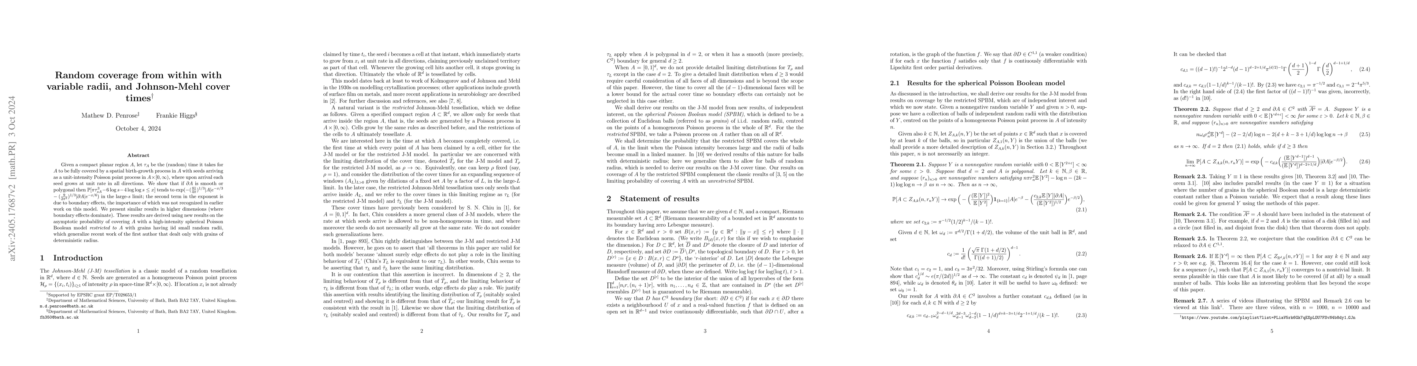 Thumbnail for Random coverage from within with variable radii, and Johnson-Mehl cover
  times