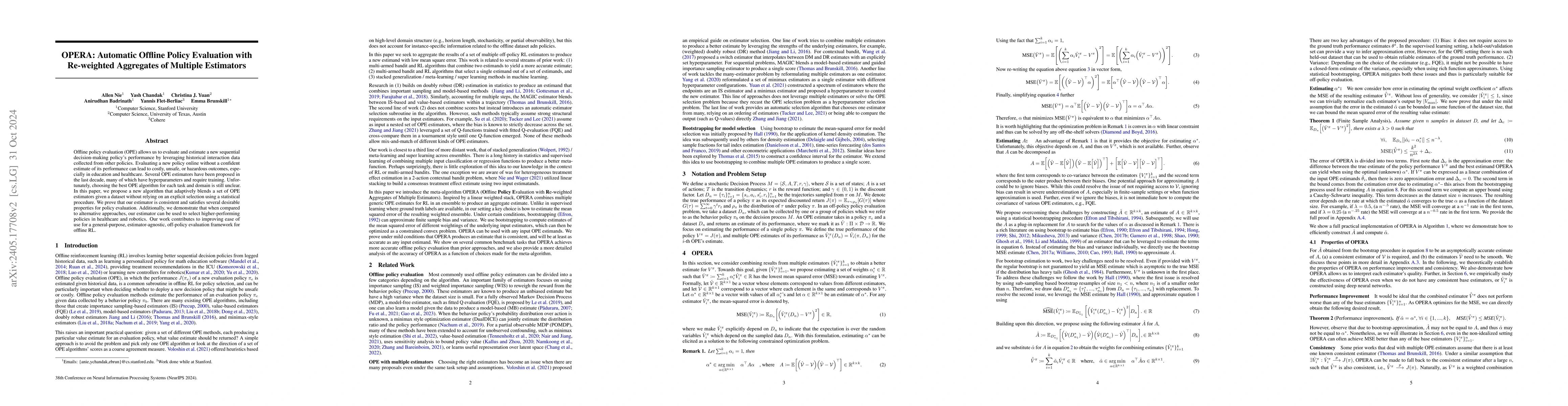 Thumbnail for OPERA: Automatic Offline Policy Evaluation with Re-weighted Aggregates
  of Multiple Estimators